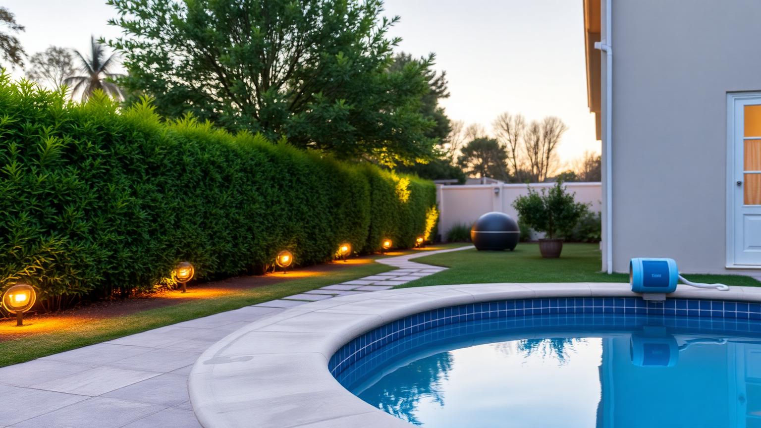 Garten in der Abenddämmerung mit Pool, Poolpumpe am Beckenrand und beleuchtetem Gartenweg