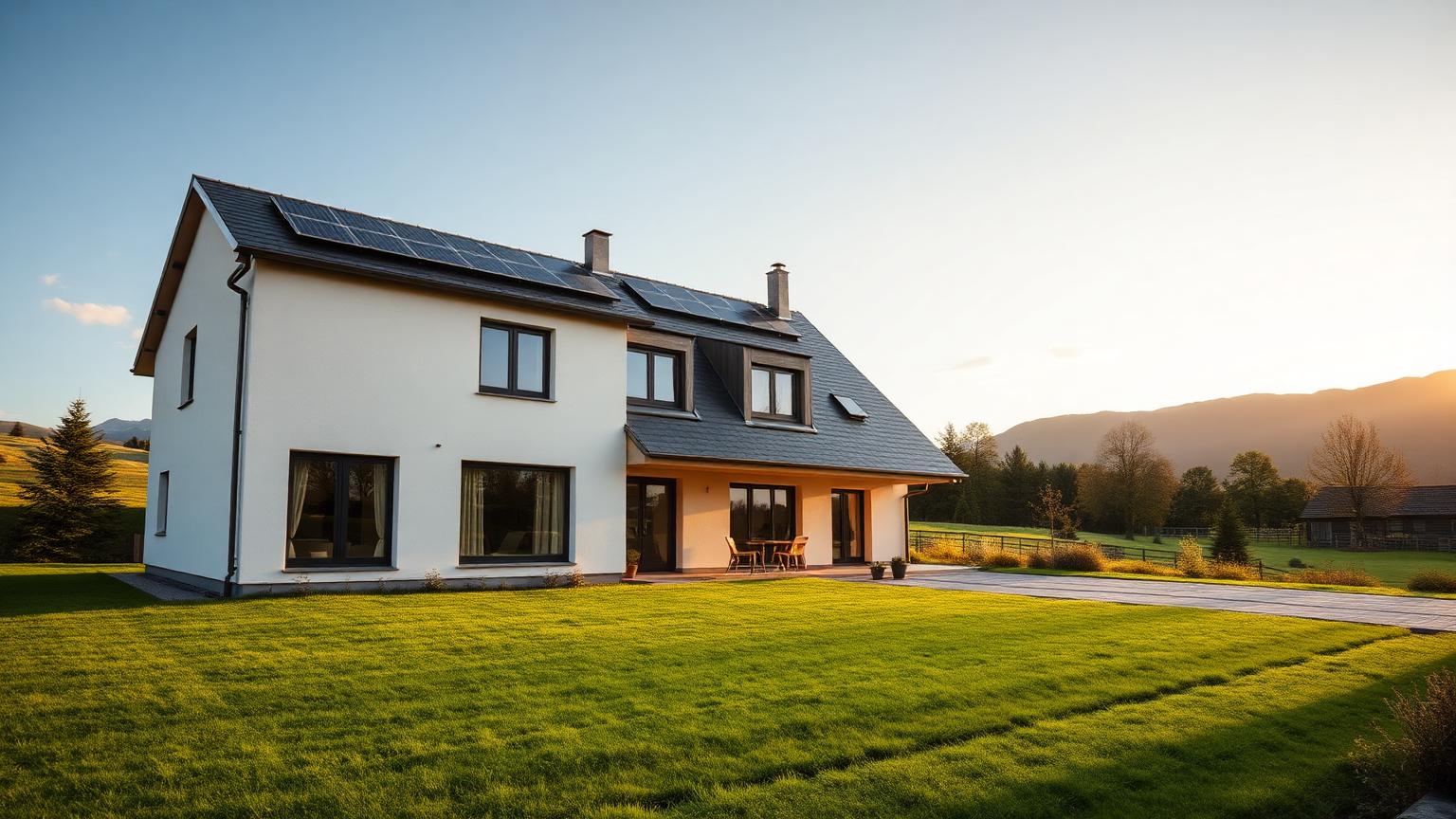 Modernes Einfamilienhaus in Österreich am späten Nachmittag mit Photovoltaik am Dach