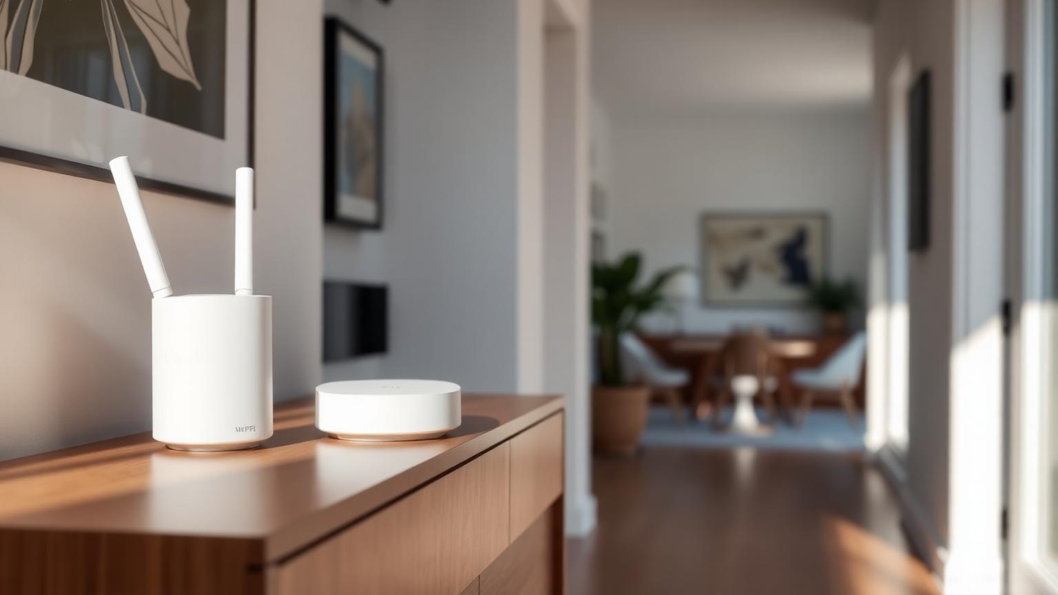 Zwei weiße Mesh-WLAN-Geräte auf einer Kommode in einem hellen Wohnungsflur