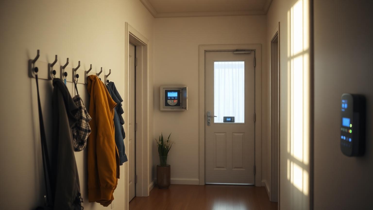 Heller Hausflur am Morgen mit Garderobe, geöffnetem Zählerschrank und leuchtenden Standby-Lämpchen im Hintergrund