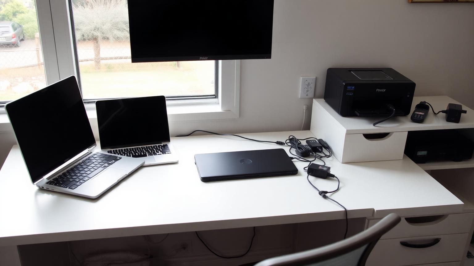 Aufgeräumter Homeoffice-Schreibtisch mit Laptop, zwei Monitoren, Drucker und mehreren Ladegeräten