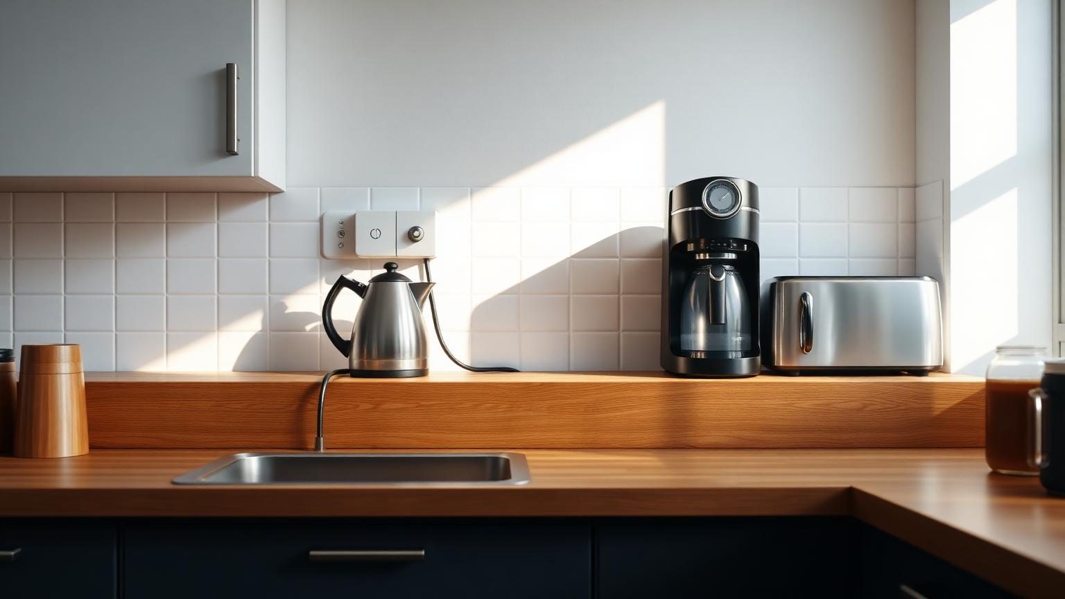 Moderne Küchenzeile mit Wasserkocher, Kaffeemaschine und Toaster an einer Steckdosenleiste