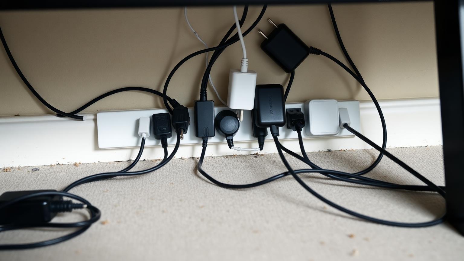 Steckdosenleiste unter einem Schreibtisch mit zahlreichen angesteckten Netzteilen und Kabeln