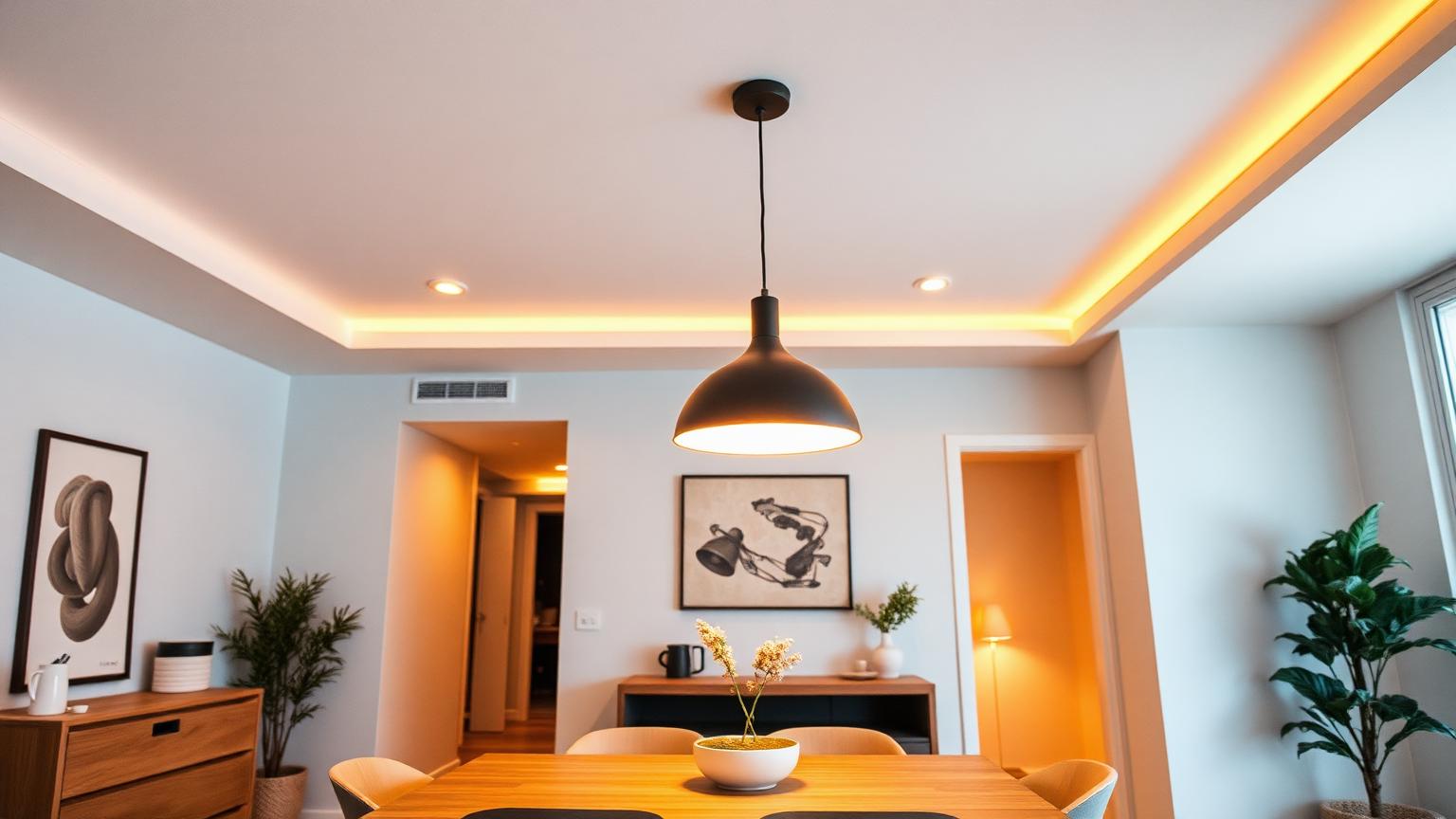 Warm beleuchteter Essbereich mit LED-Deckenspots, indirekter Deckenbeleuchtung und Pendelleuchte