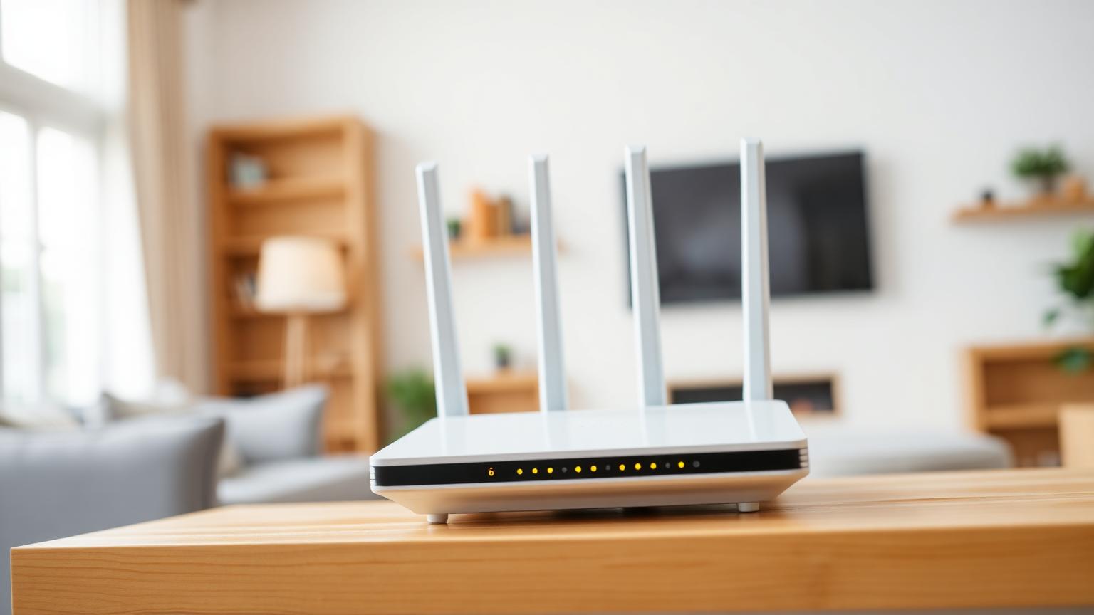 Moderner weißer WLAN-Router mit Antennen auf einem Holzregal in einem hellen Wohnzimmer