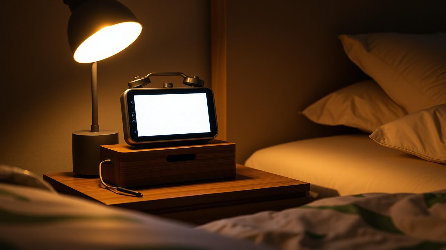 Nachttisch im dunklen Schlafzimmer mit Radiowecker, Ladekabel und kleinem Lautsprecher
