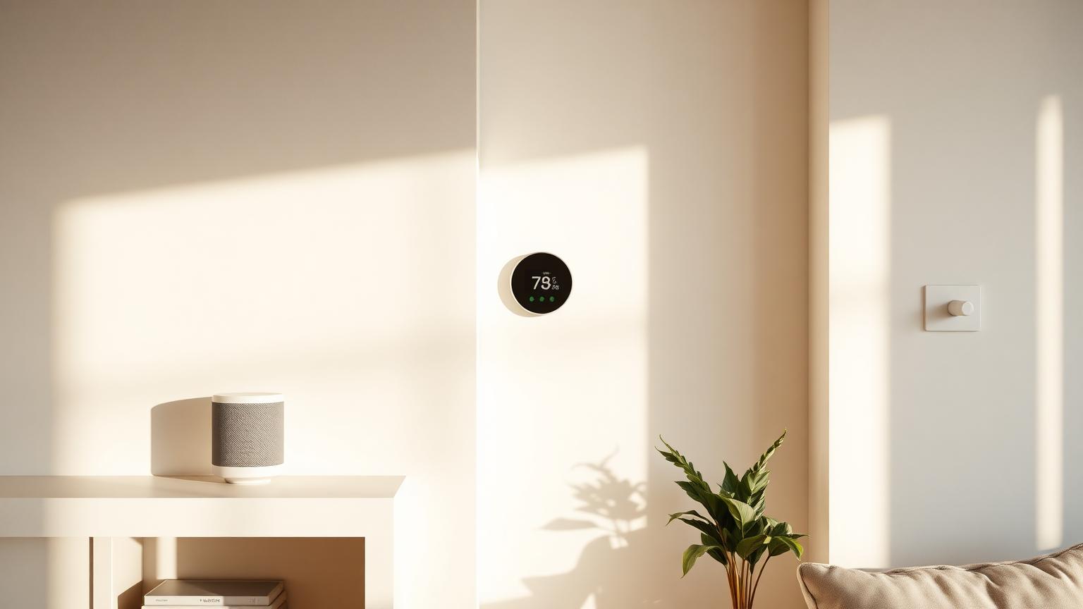 Heller Wohnraum mit Smart Speaker auf der Kommode und Smart-Thermostat an der Wand
