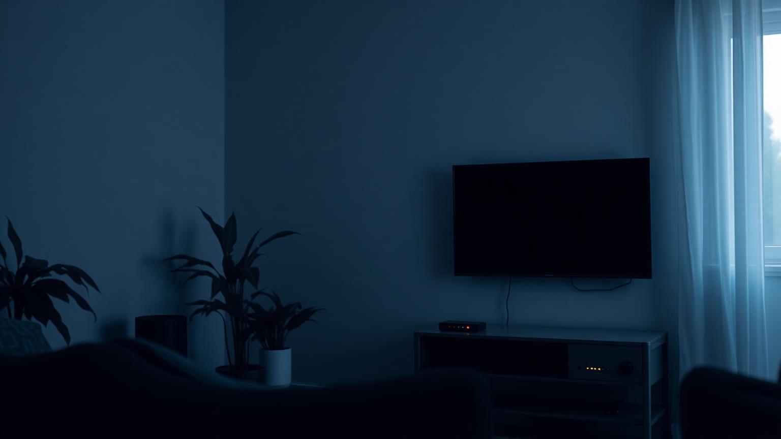 Abendliches Wohnzimmer mit ausgeschaltetem Fernseher und rot leuchtender Standby-Anzeige