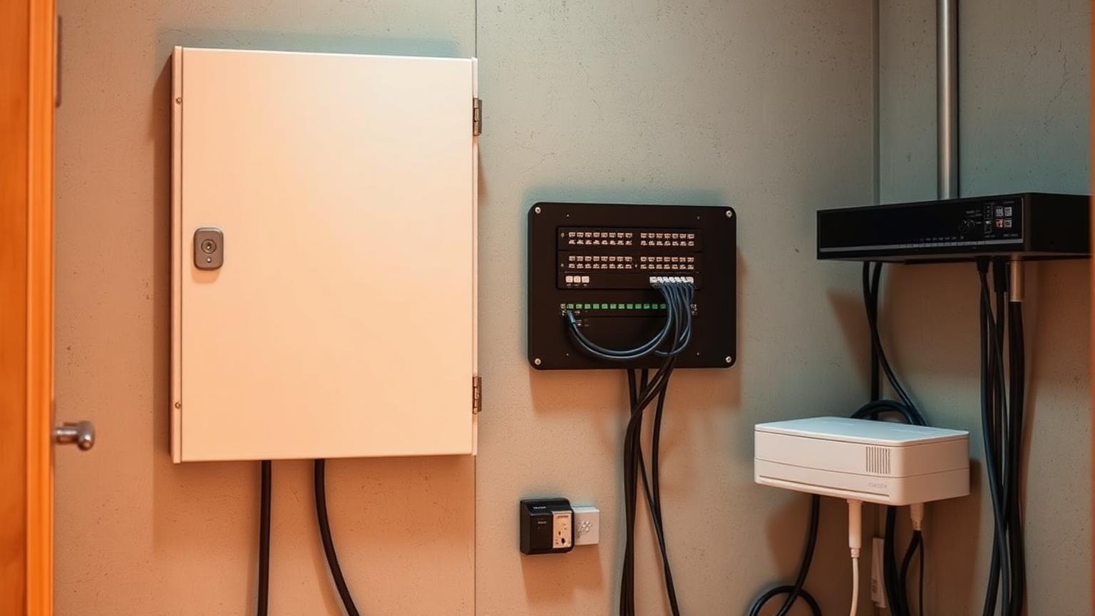 Technikraum eines Einfamilienhauses mit Netzwerkschrank, Patchfeld, Switch, Router und weißer ONT-Box