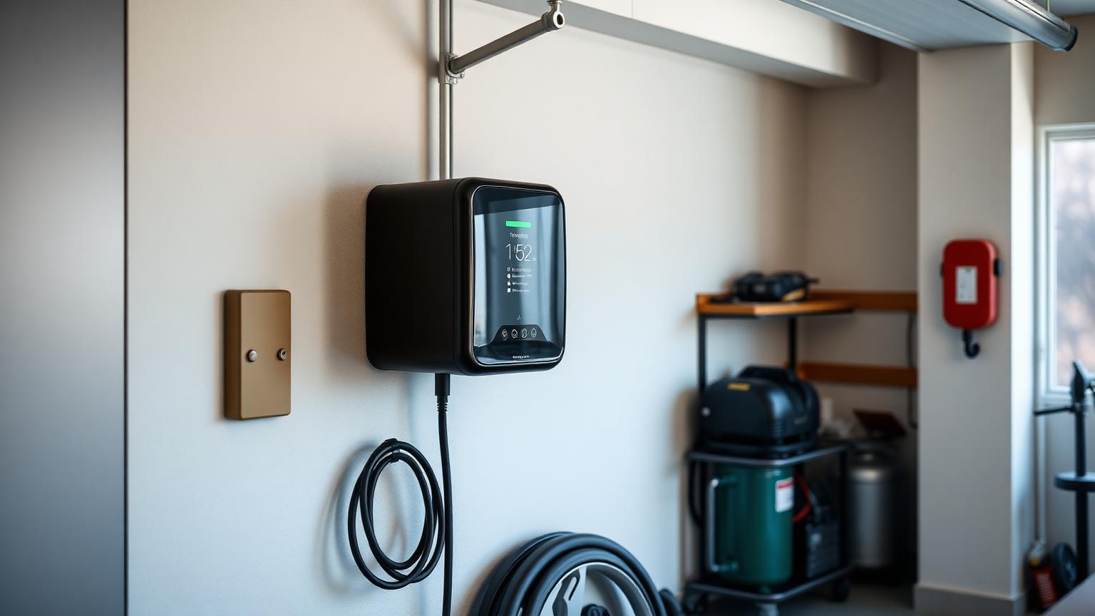 Wallbox zum Laden eines Elektroautos an der Wand einer Hausgarage mit aufgerolltem Ladekabel