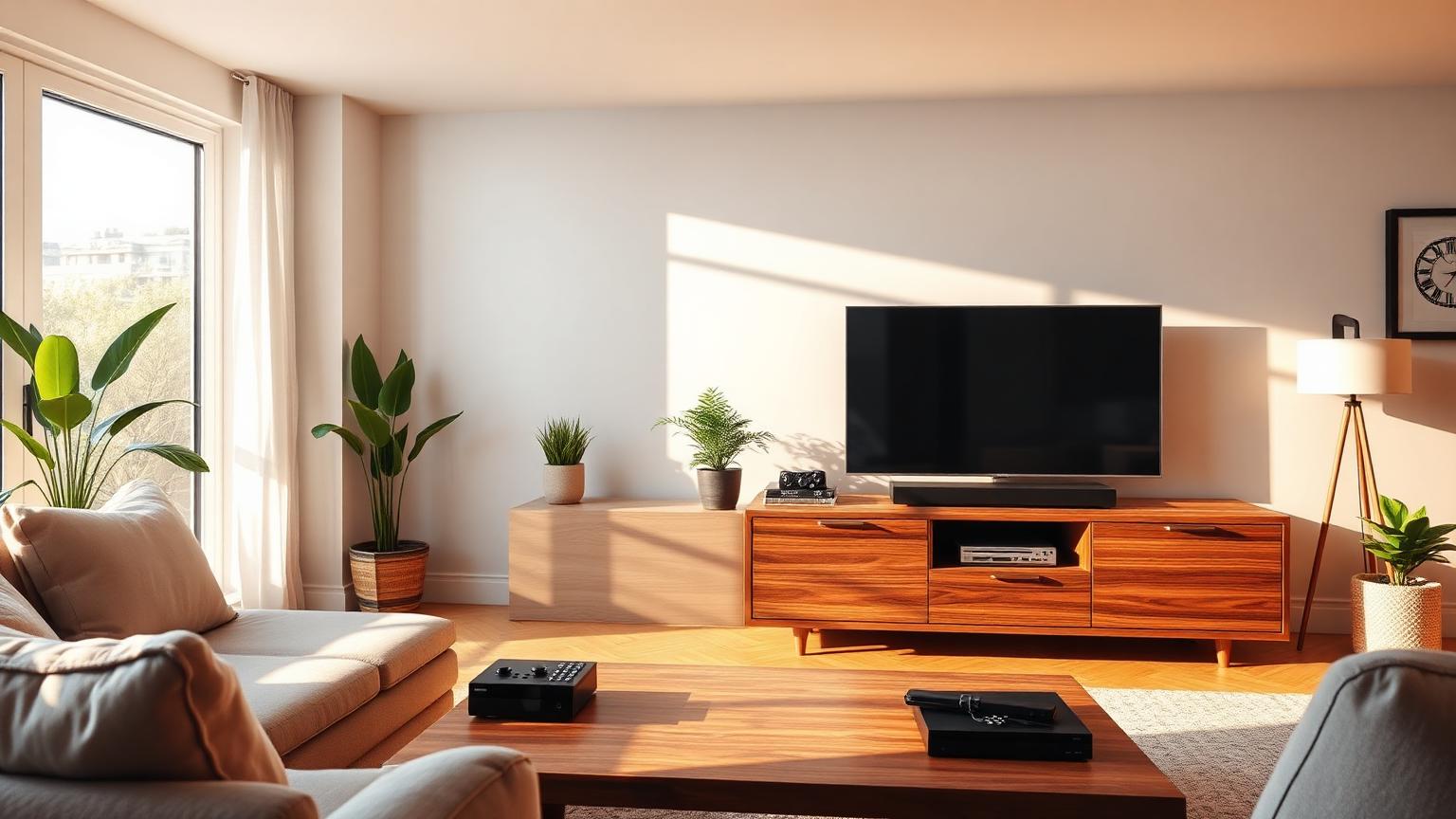Helles modernes Wohnzimmer mit Fernseher, Soundbar, Receiver und Fernbedienungen auf dem Couchtisch