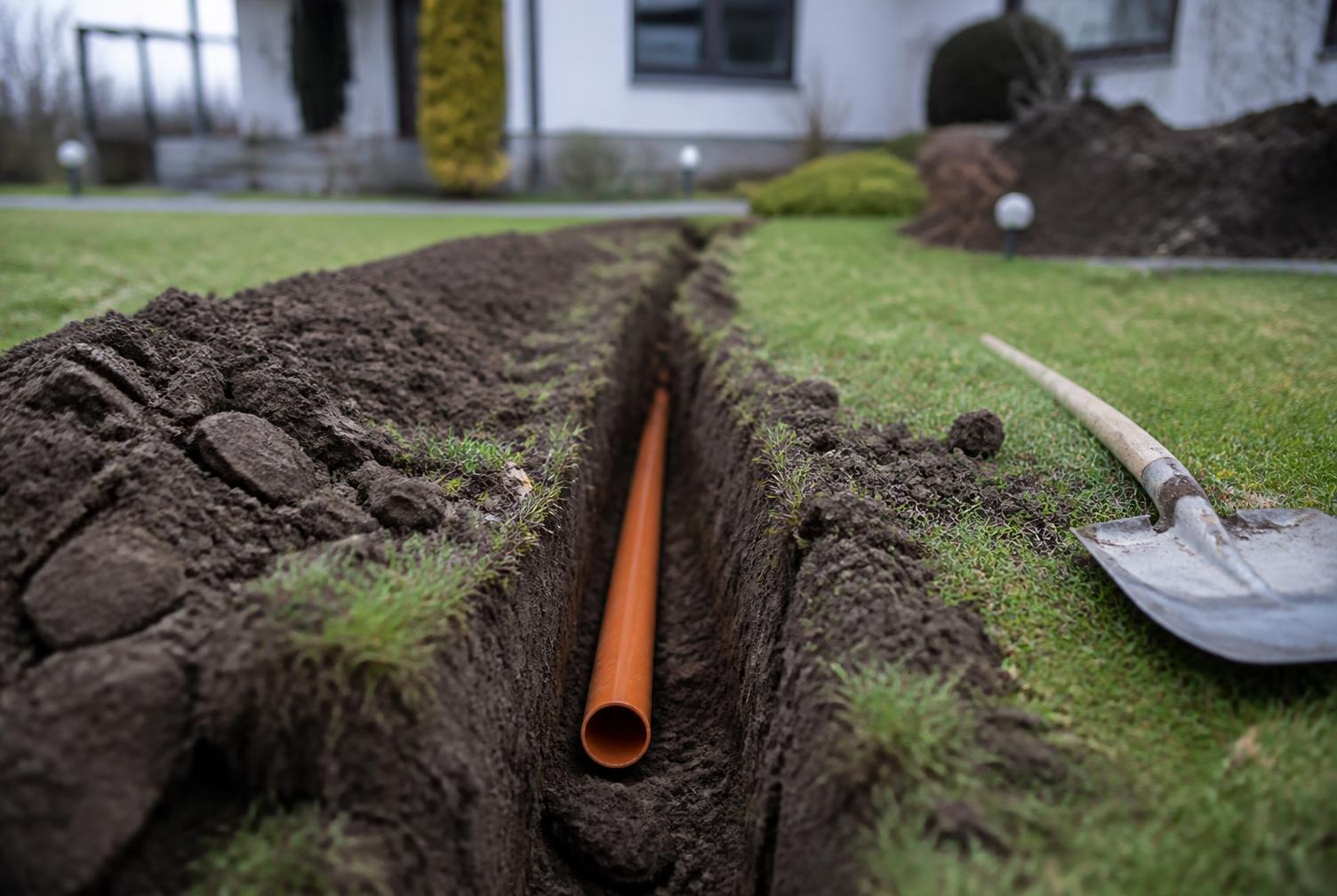 Schmaler Graben durch einen Vorgarten mit aufgerissener Grasnarbe, Erde und orangem Leerrohr