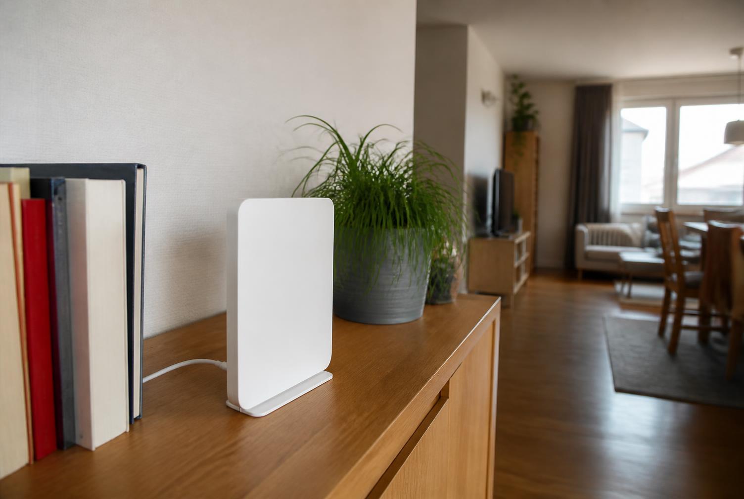 Weißer Router steht offen auf einem Sideboard in einem normal bewohnten Wohnzimmer