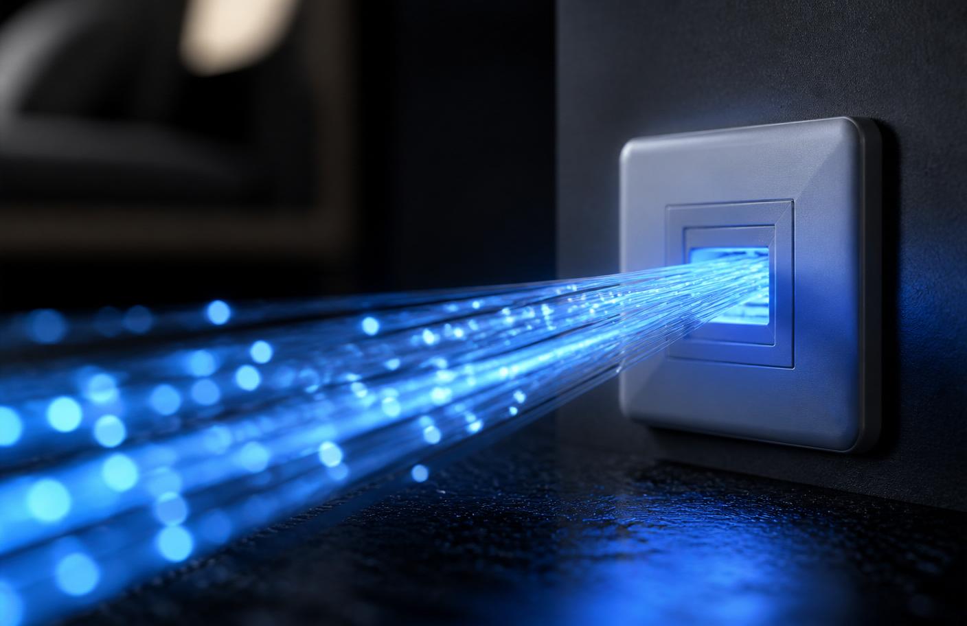 Leuchtende blaue Glasfaserkabel übertragen Datensignale in eine Glasfaser-Wanddose