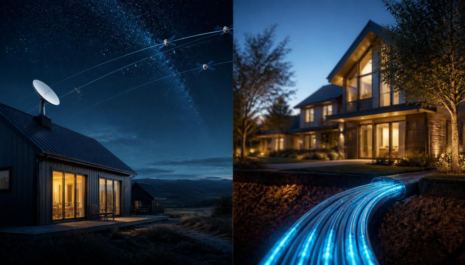 Vergleich Glasfaser und Starlink: Haus mit Satellitenschüssel unter Sternenhimmel neben modernem Haus mit leuchtenden Glasfaserkabeln