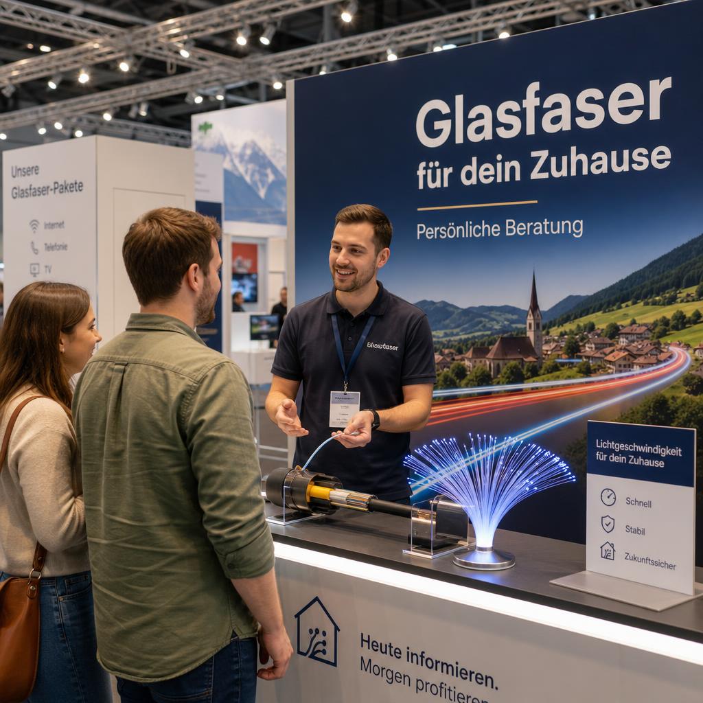 Persönliche Beratung an einem Glasfaser-Messestand in Österreich – Fachberater erklärt Glasfaseranschluss