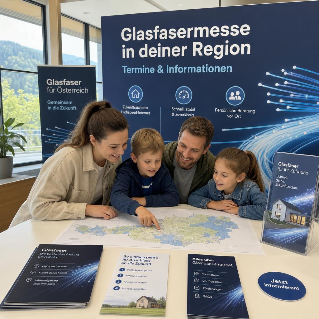Familie informiert sich an einem Glasfaser-Messestand über den Ausbau in ihrer Region