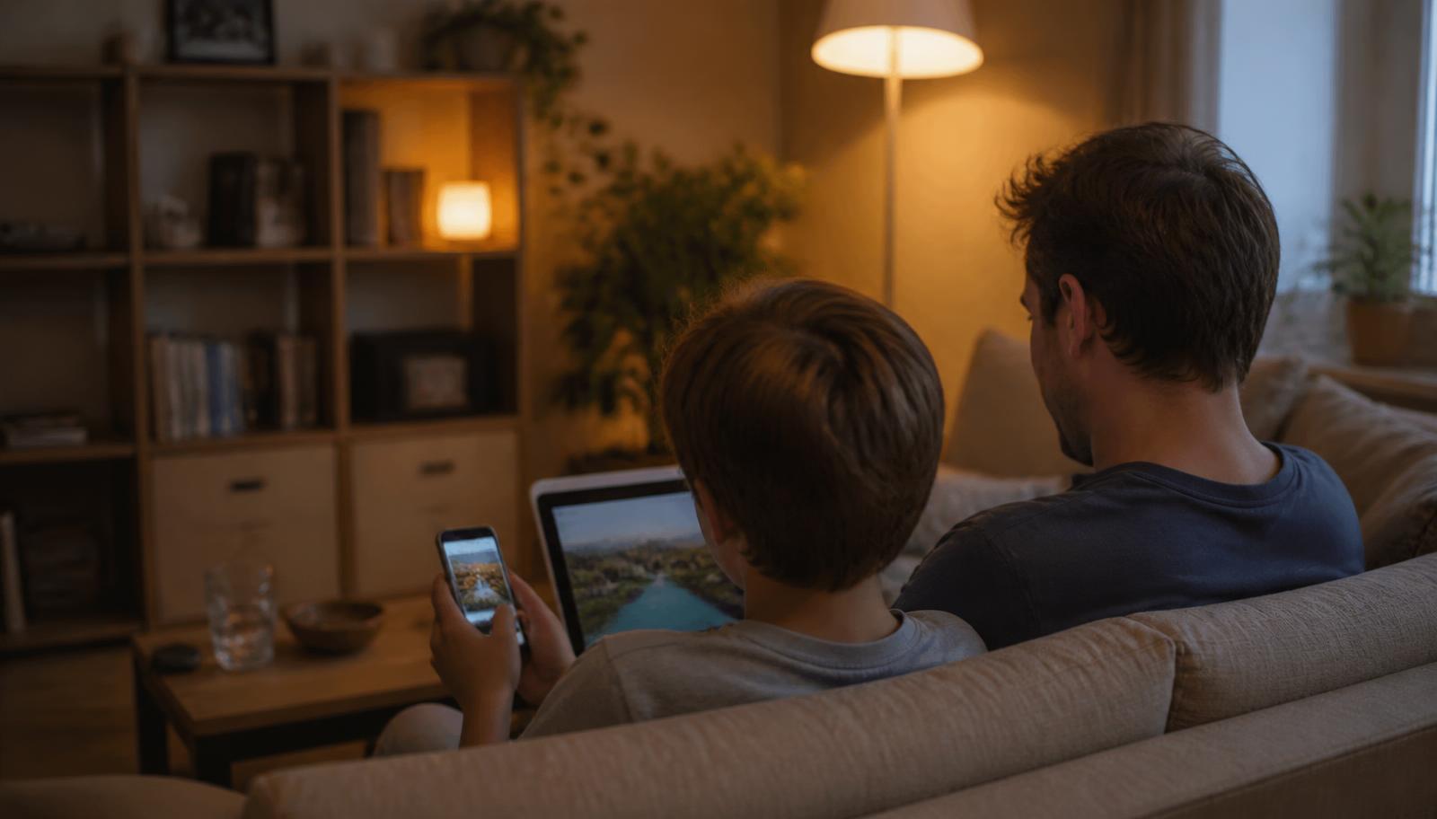 Elternteil und Jugendlicher sitzen gemeinsam mit einem Tablet am Küchentisch