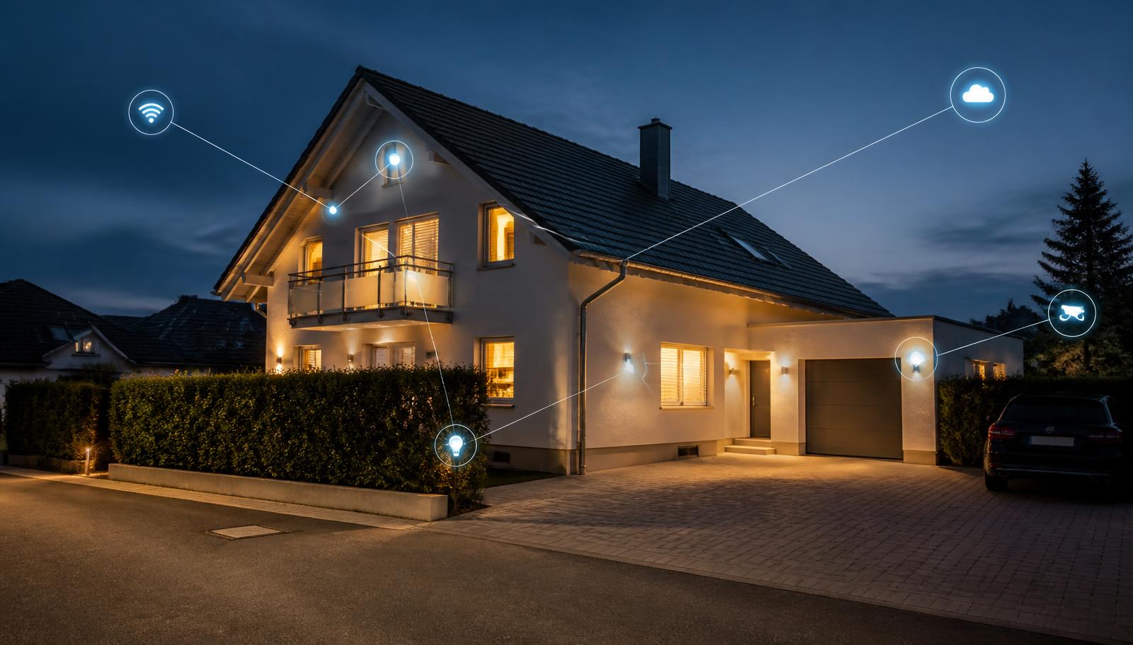 Modernes Einfamilienhaus in der Abenddämmerung mit dezent angedeuteten digitalen Verbindungslinien
