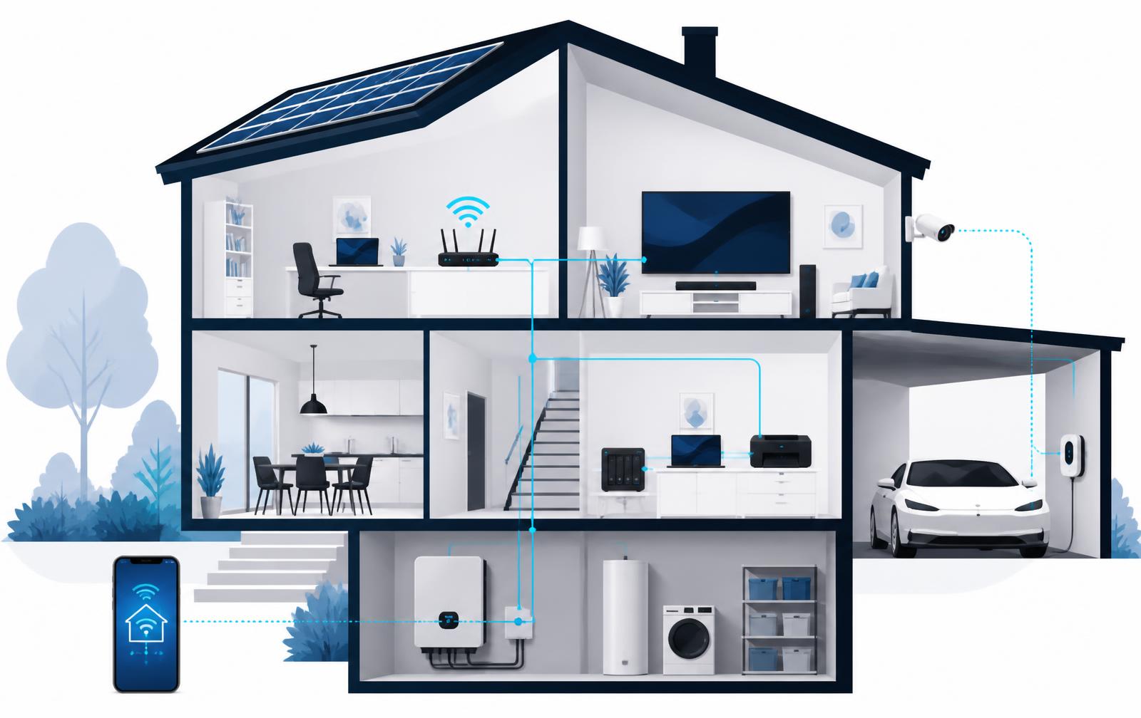 Technische Querschnittsdarstellung eines Hauses mit vernetzten Geräten in den einzelnen Räumen