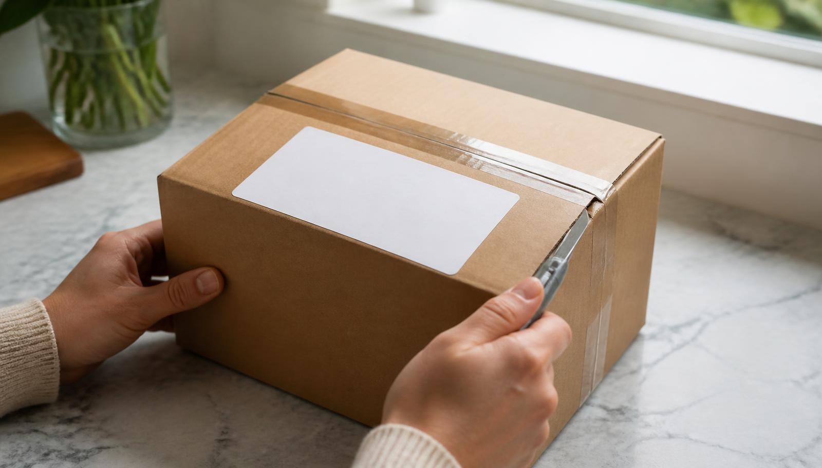 Nahaufnahme eines Paketetiketts mit unbeschriftetem Adressfeld