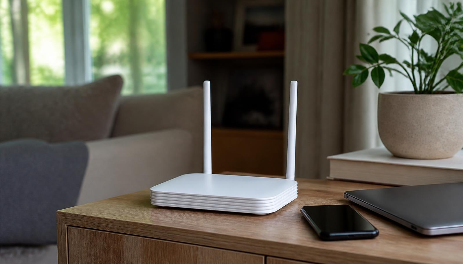Neutraler Router in einem Wohnzimmerregal mit leuchtenden Statusanzeigen