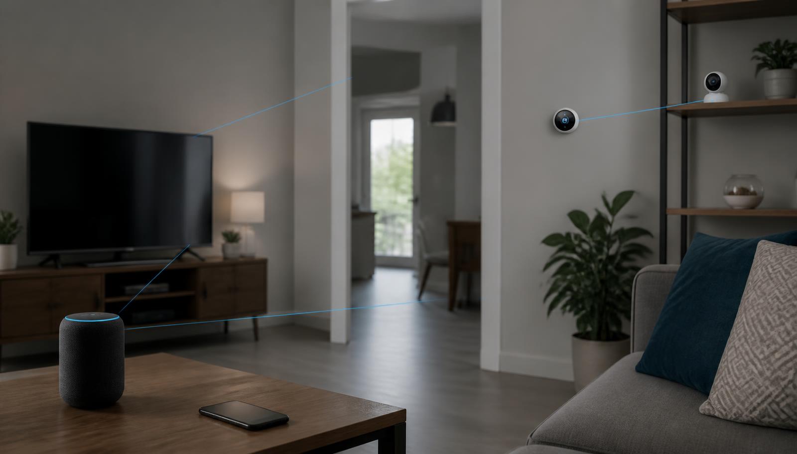Smart-Home-Geräte in einem Wohnraum mit dezent angedeuteten Verbindungslinien