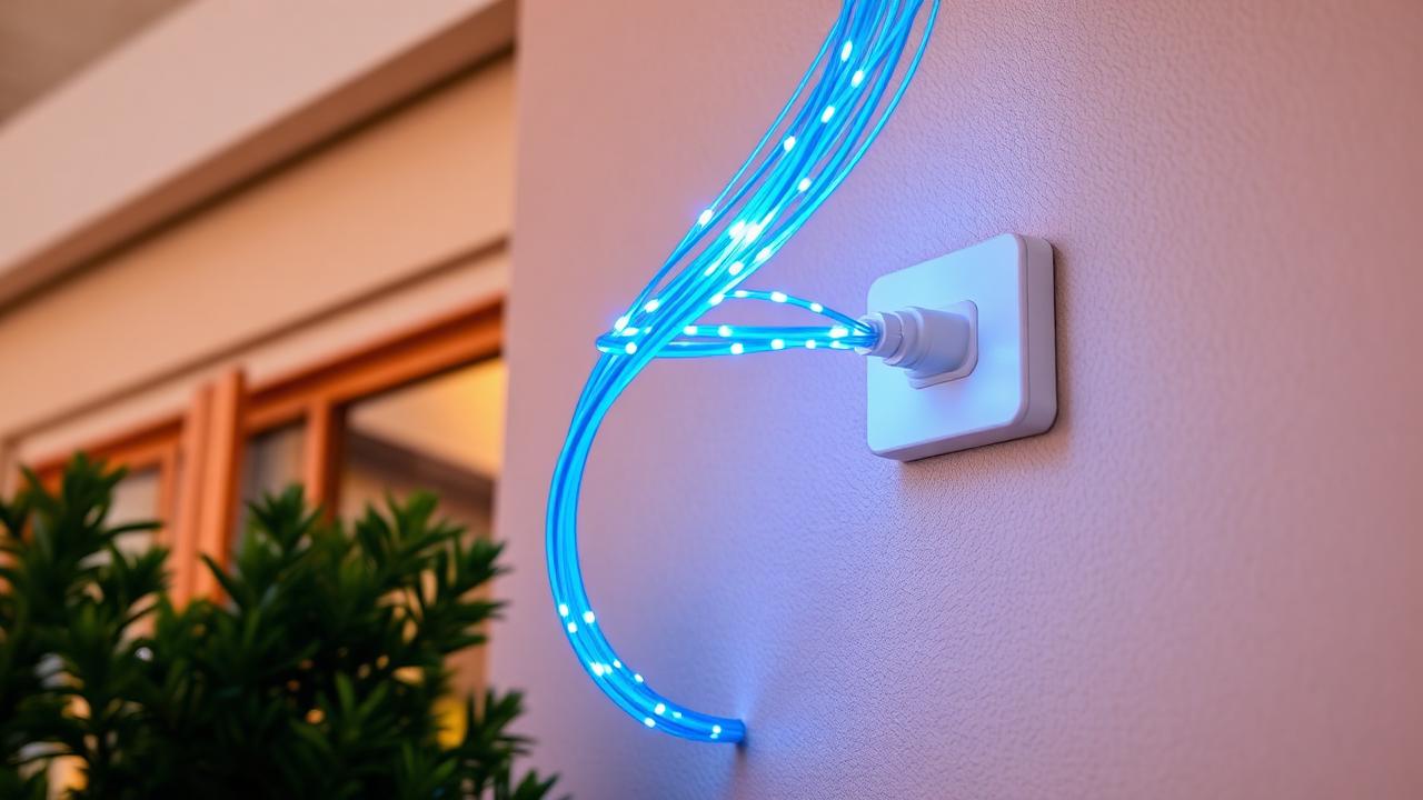 Glasfaserkabel mit blau leuchtenden Lichtleitern führt in eine weiße Anschlussbox an der Hauswand