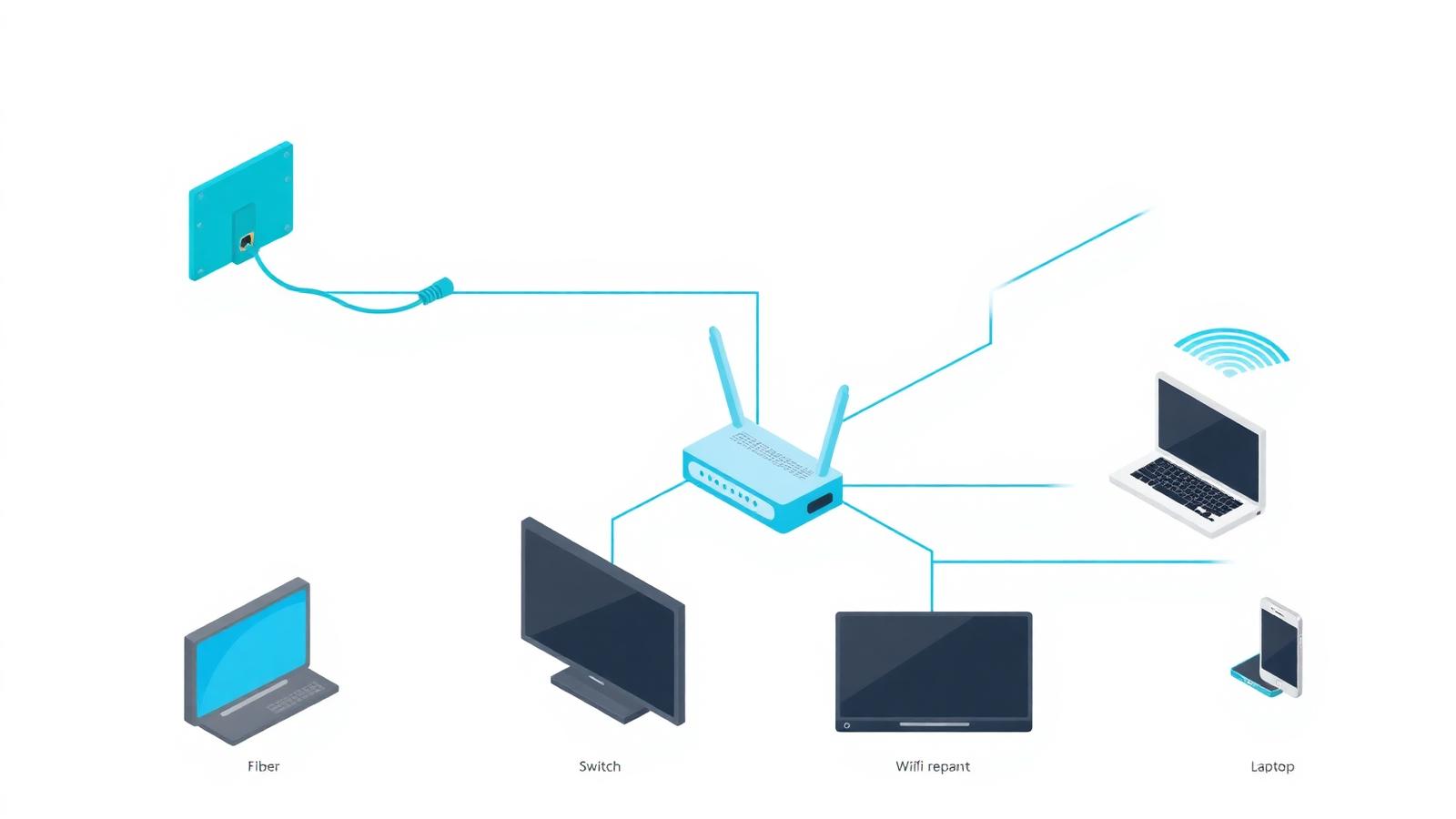 Schema des Datenflusses im Haus: Glasfaser zum Modem, weiter zum Router, Switch, WLAN-Access-Points und Endgeräten.