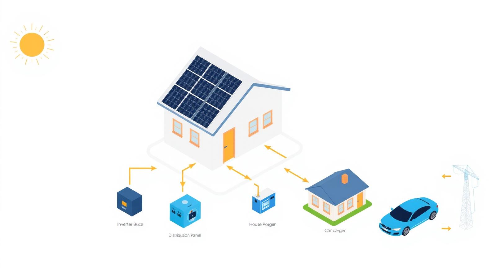 Schematische Darstellung des Stromflusses im Haus: von der Photovoltaik über Wechselrichter und Batterie zum Verteiler, ins Haus und zur Wallbox.