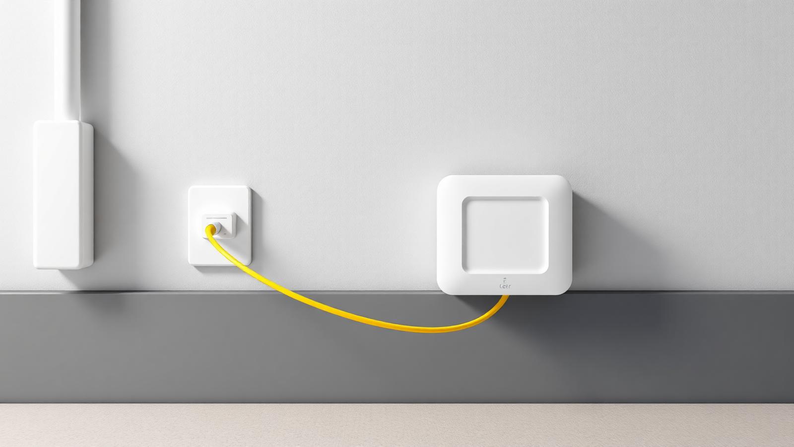 Glasfaser-Hausübergabepunkt an einer Kellerwand mit gelbem Patchkabel zum ONT.