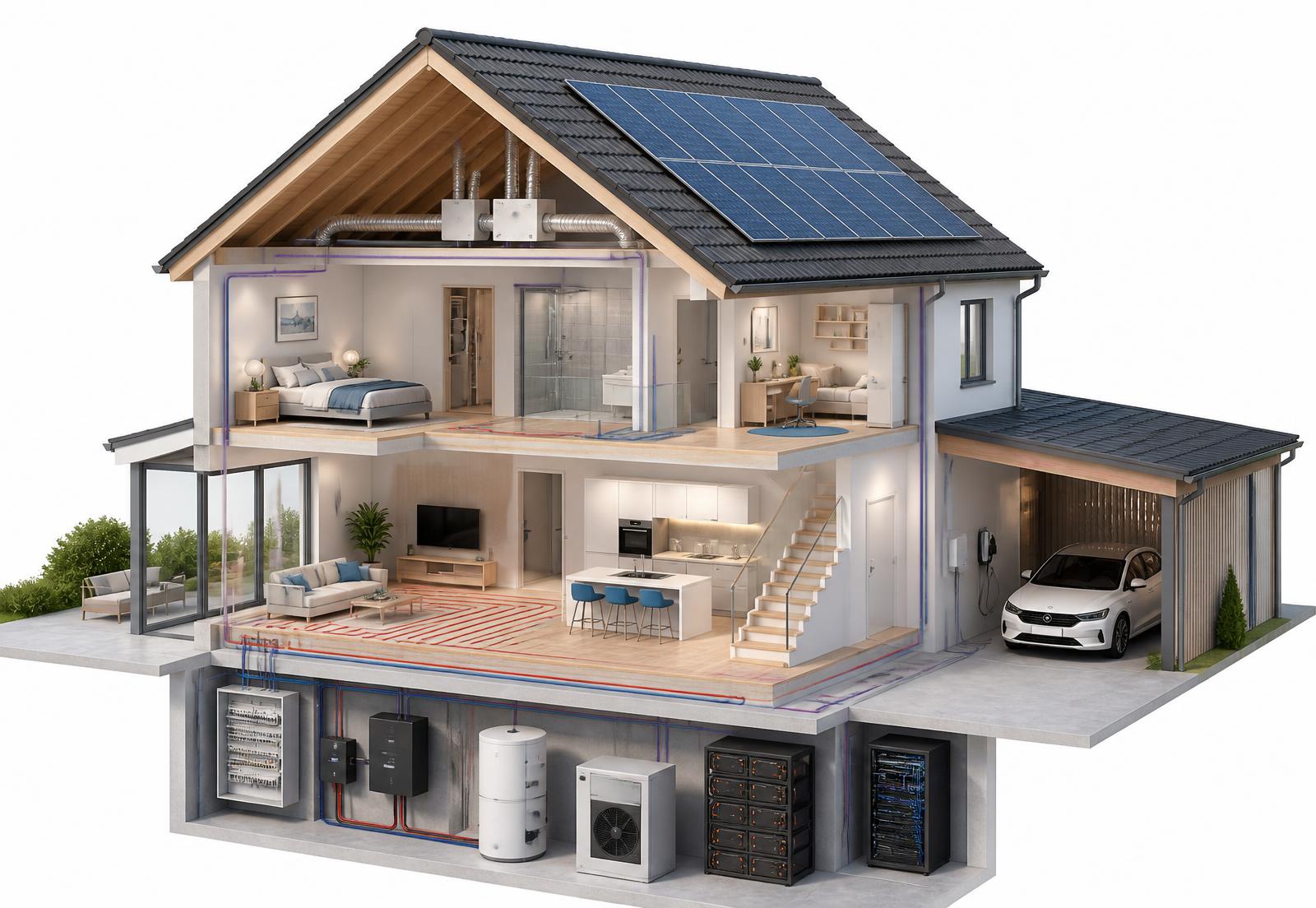 Interaktiver Querschnitt eines modernen Einfamilienhauses mit 30 nummerierten Haustechnik-Systemen von der Photovoltaik bis zum Netzwerkschrank.