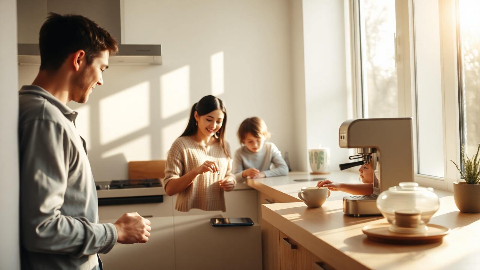 Familie beim Frühstück in einer hellen modernen Küche mit Morgensonne und laufender Kaffeemaschine.