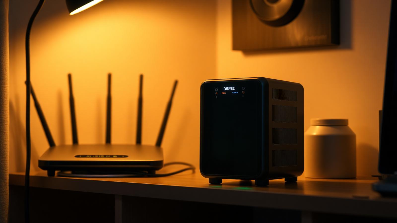 Kleiner Netzwerkspeicher mit leuchtenden Status-LEDs neben einem Router auf einem Regal.