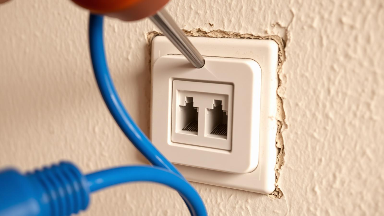 Montage einer weißen Netzwerkdose mit zwei RJ45-Ports in einer verputzten Wand.