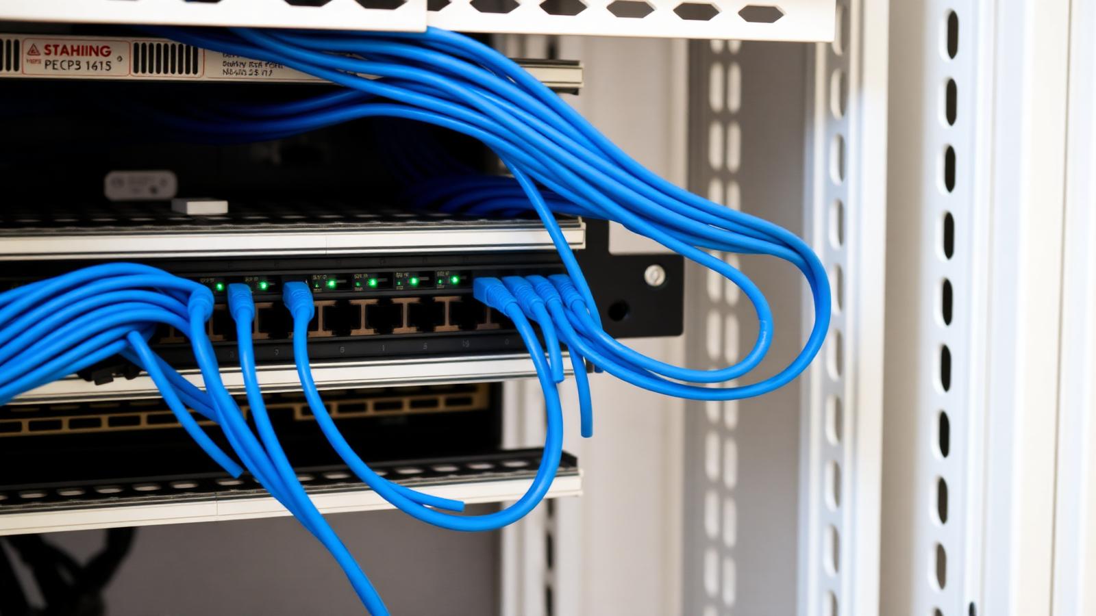 Ordentlich verkabelter Netzwerkschrank mit Patchfeld, Switch und blauen Netzwerkkabeln.