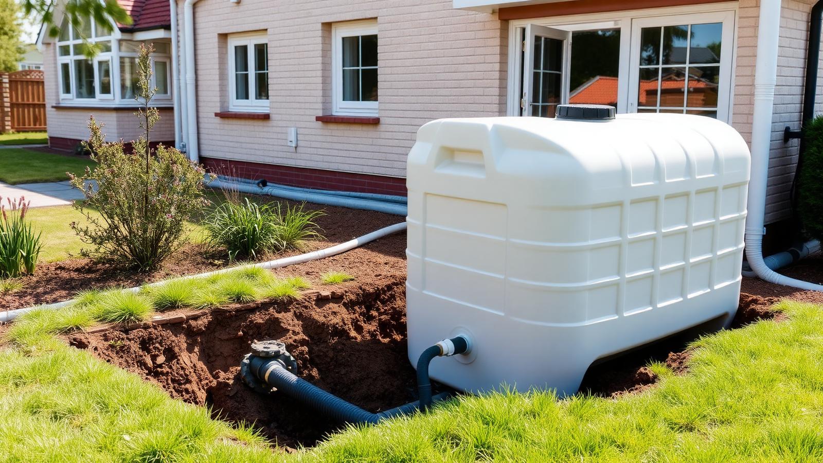 Regenwassertank wird im Garten neben einem Wohnhaus in eine Baugrube eingesetzt.