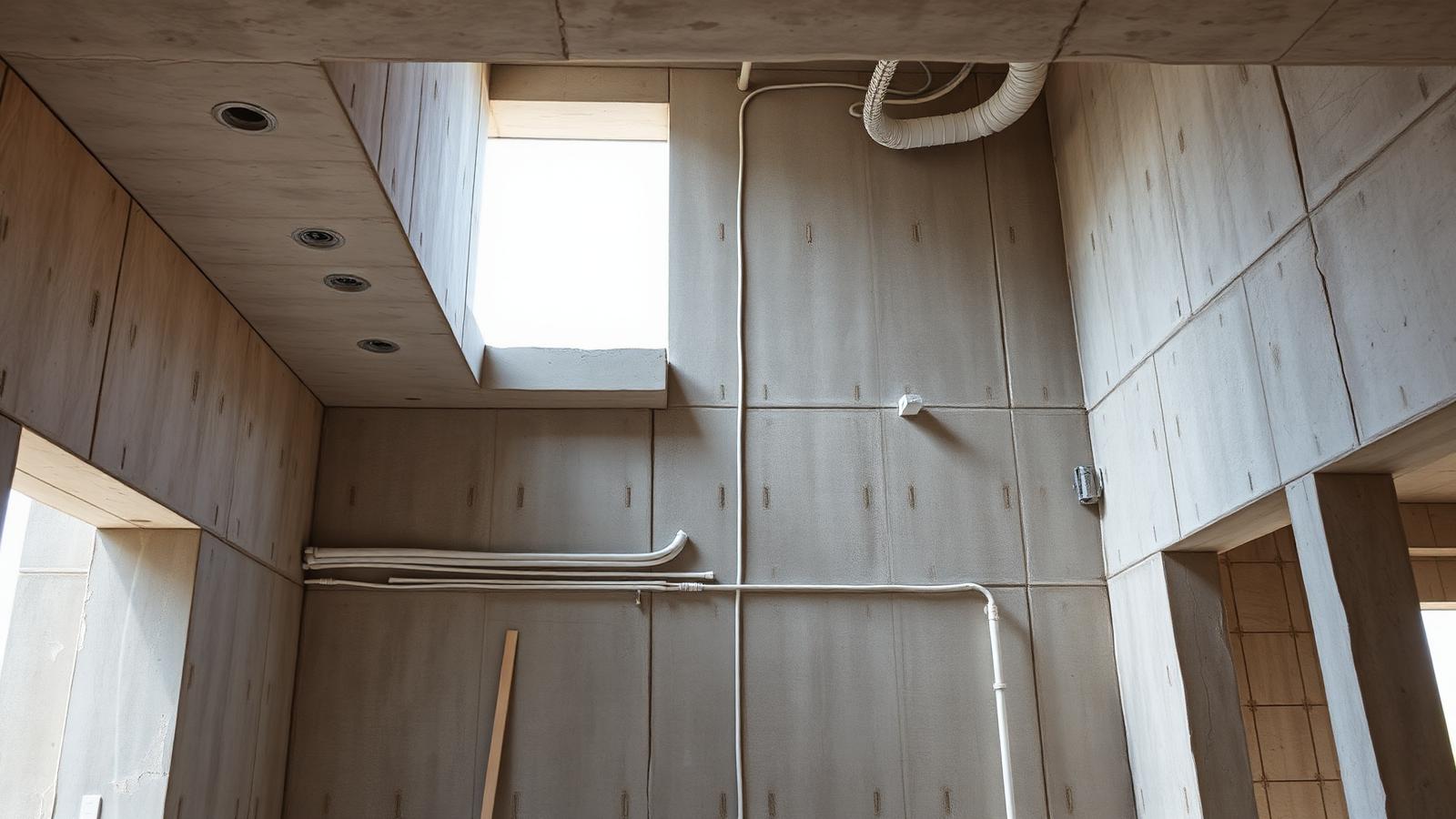 Rohbau eines Hauses mit sichtbaren Leerrohren und Elektrodosen in Wänden und Decke.