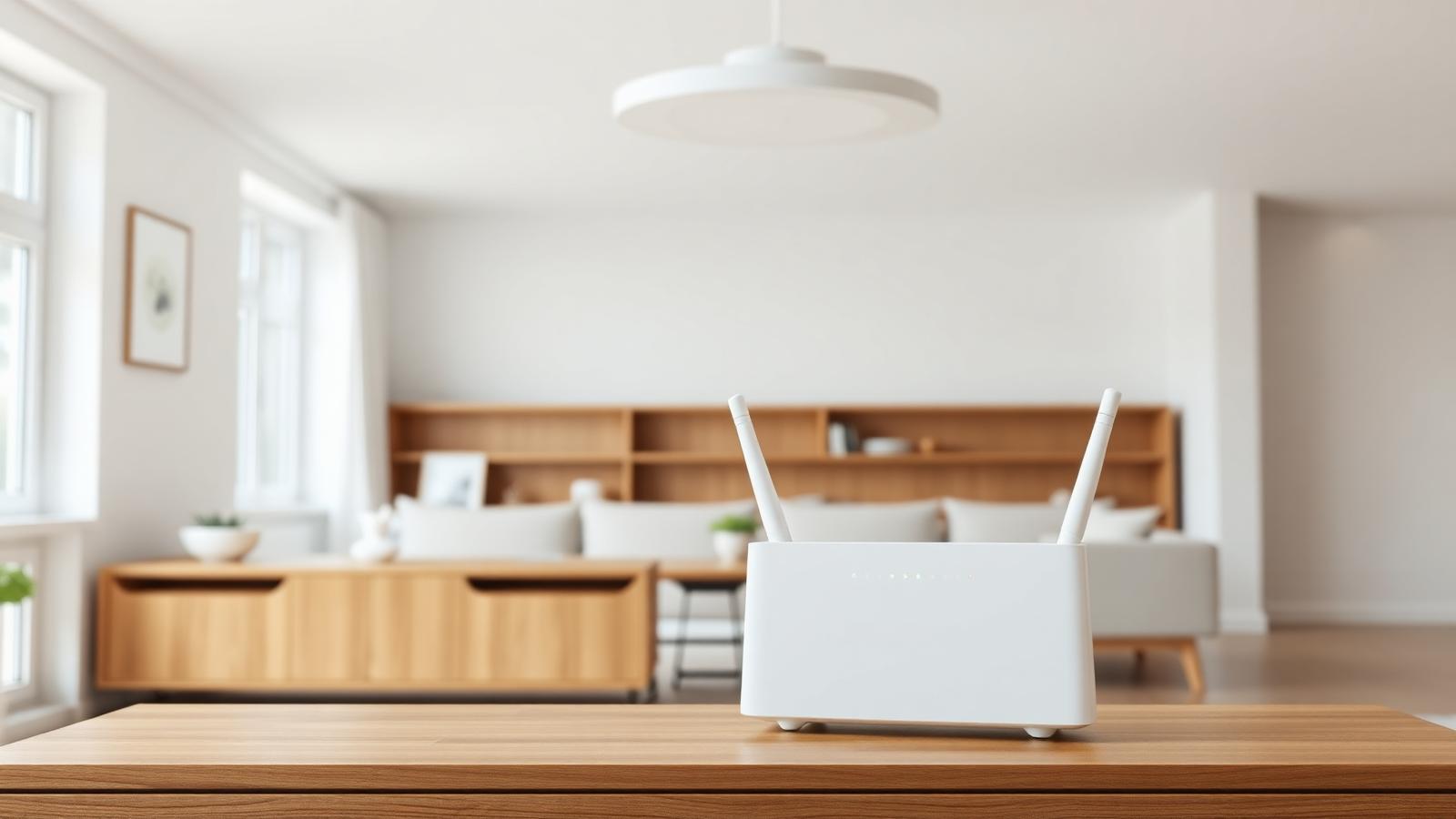Weißer WLAN-Router auf einem Sideboard in einem hellen Wohnzimmer, im Hintergrund ein Decken-Access-Point.