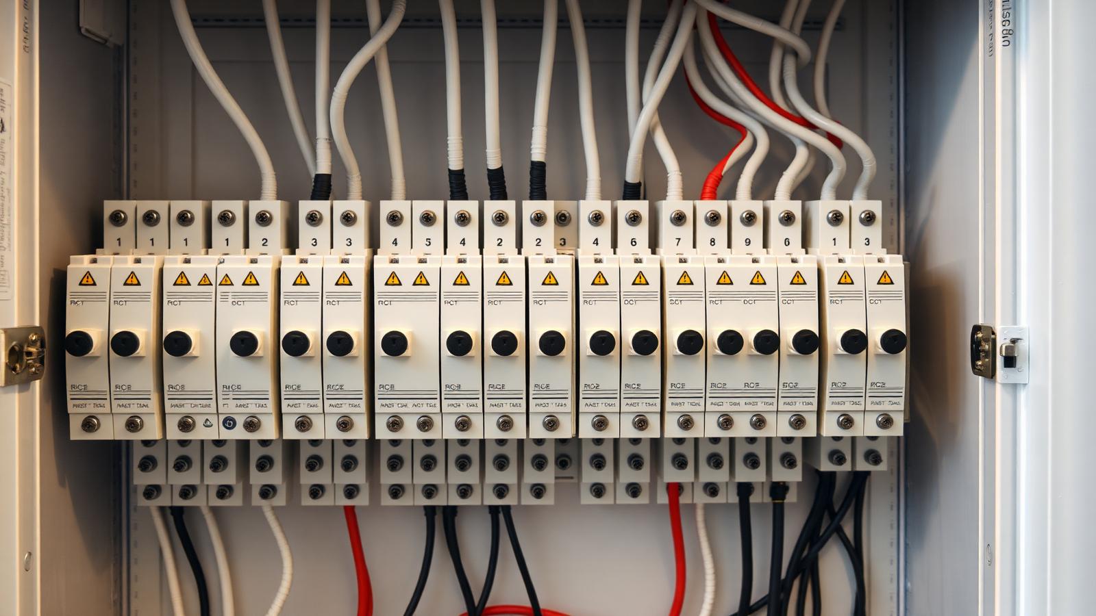 Geöffneter moderner Sicherungskasten mit Reihen weißer Leitungsschutzschalter und FI-Schaltern.