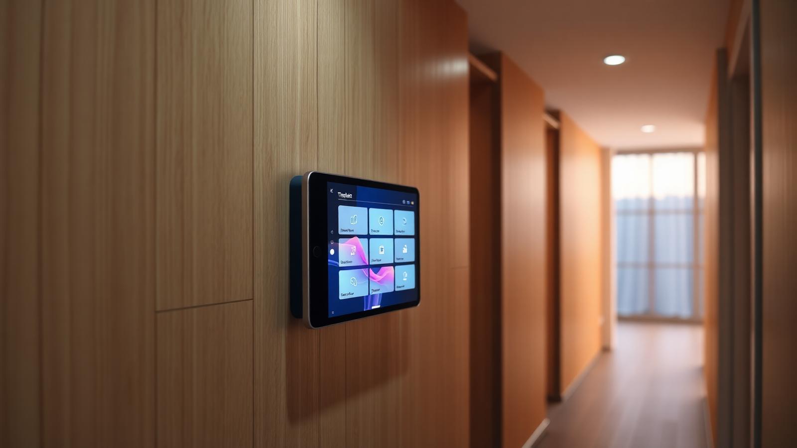 Wandmontiertes Smart-Home-Bedienpanel in einem modernen Flur mit Holzverkleidung.