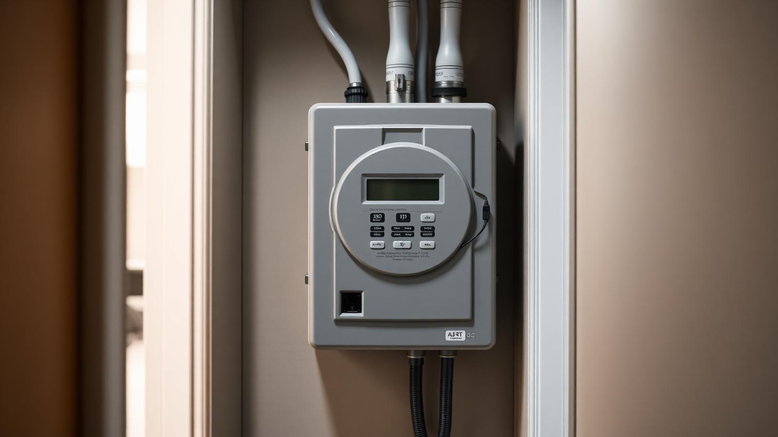 Digitaler Stromzähler in einem grauen Zählerkasten in einem Hausflur.