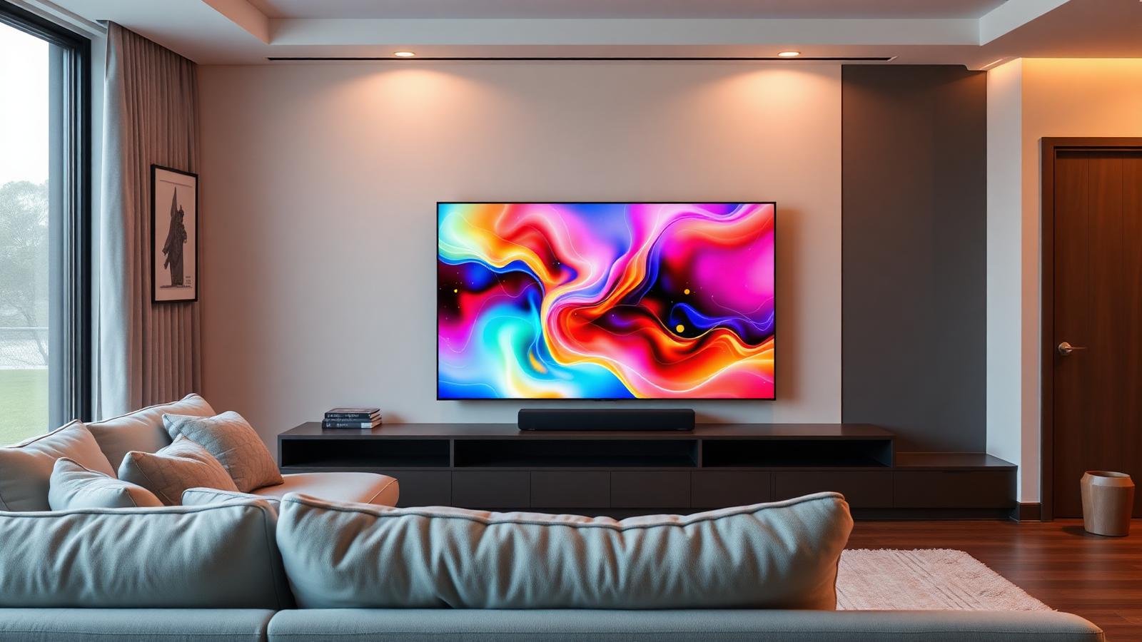 Großer Smart TV mit abstraktem Bildschirmschoner in einem modernen Wohnzimmer am Abend.