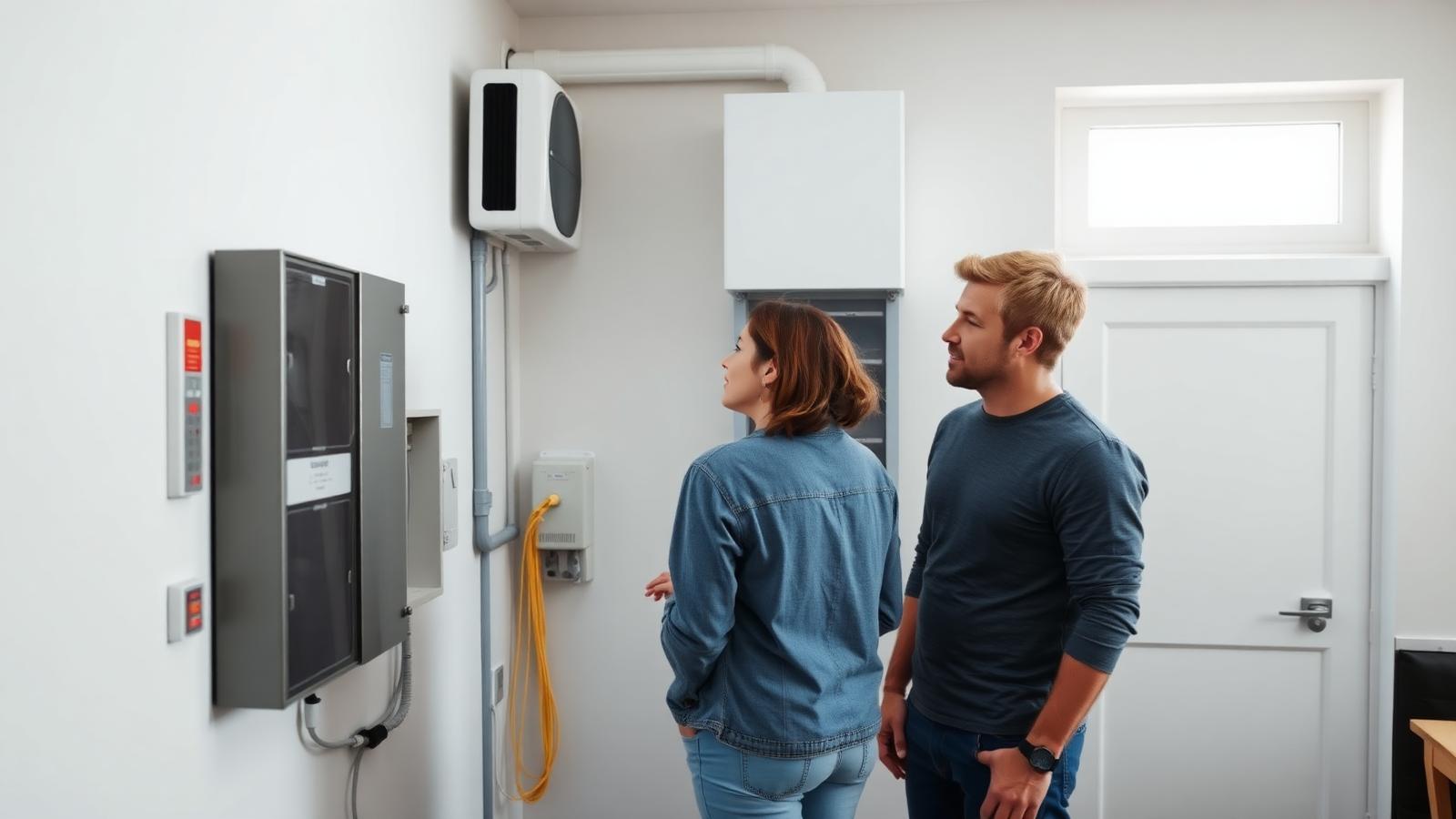Junges Paar steht im Technikraum eines Neubaus vor Sicherungskasten, Wärmepumpe und Netzwerkverteiler.