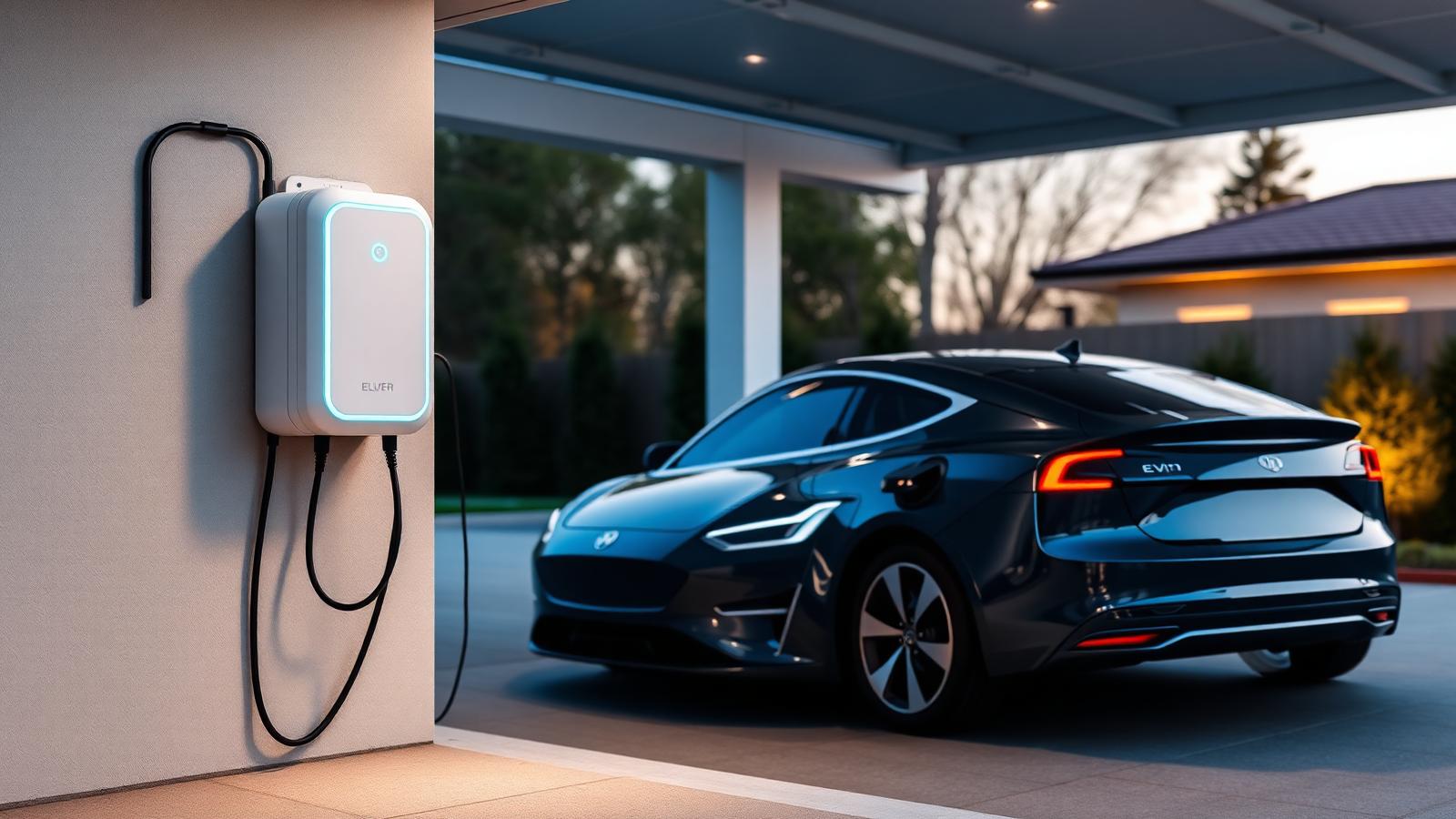 Weiße Wallbox an einer Carportwand, daneben ein angestecktes Elektroauto in der Abenddämmerung.