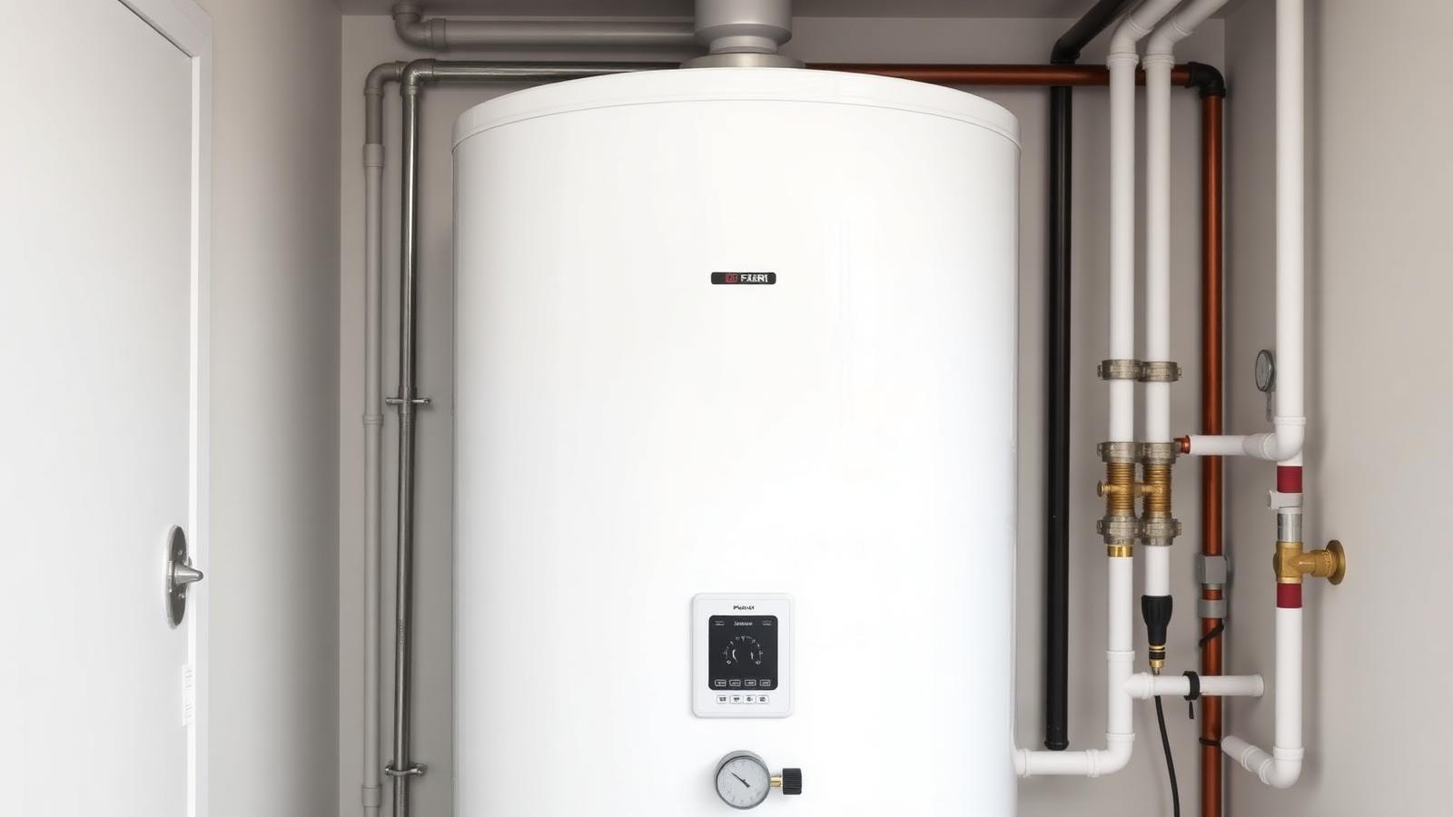 Weißer Warmwasserspeicher mit Rohrleitungen und Manometern in einem hellen Technikraum.