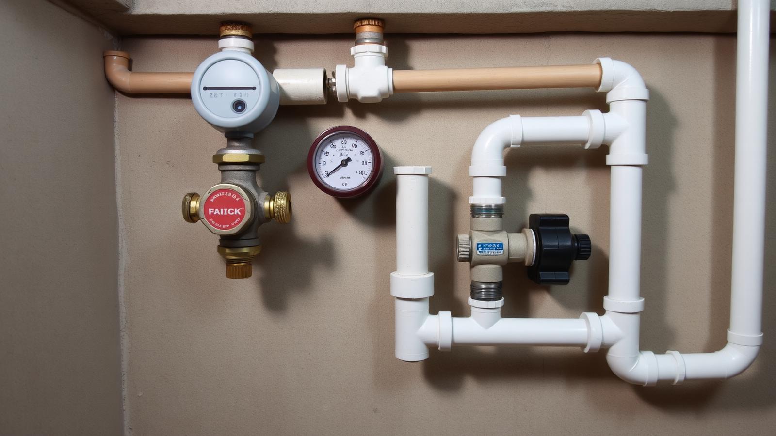 Wasseranschluss im Keller mit Absperrhahn, Wasserzähler, Manometer und Filter an weißen Rohren.