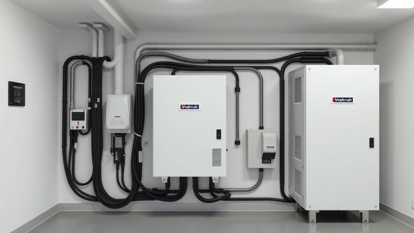Wechselrichter und Batteriespeicher nebeneinander an einer Kellerwand mit sauberer Verkabelung.