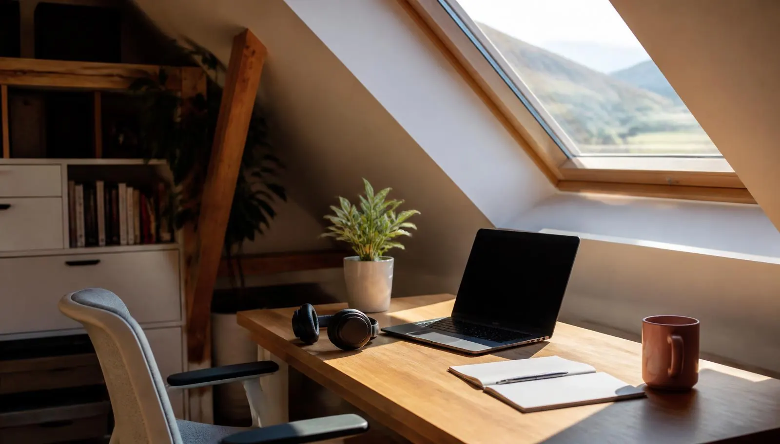 Homeoffice Arbeitsplatz im Dachgeschoss eines Einfamilienhauses mit Notebook und Headset