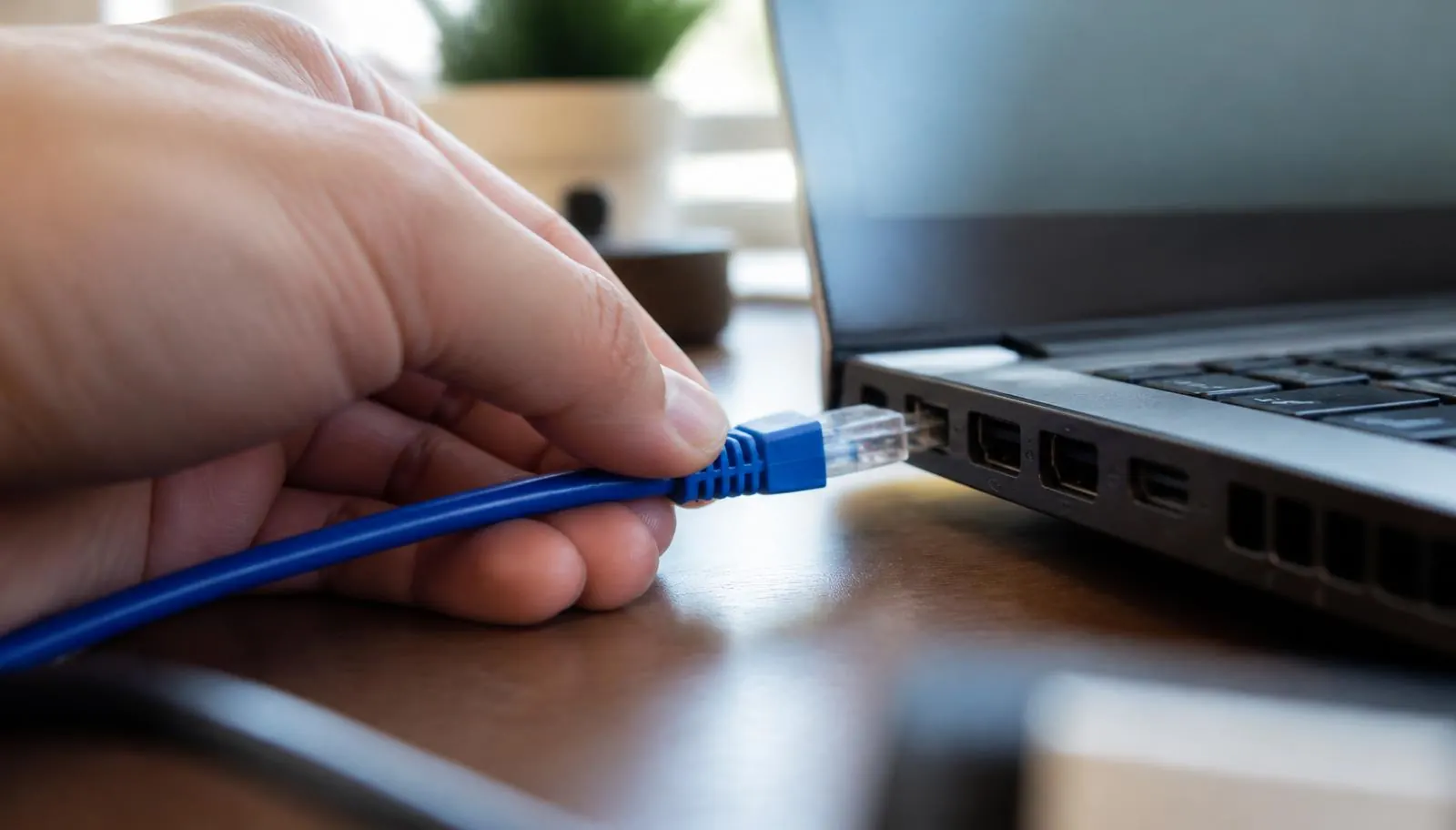 Blaues Netzwerkkabel wird in ein Notebook am Schreibtisch eingesteckt